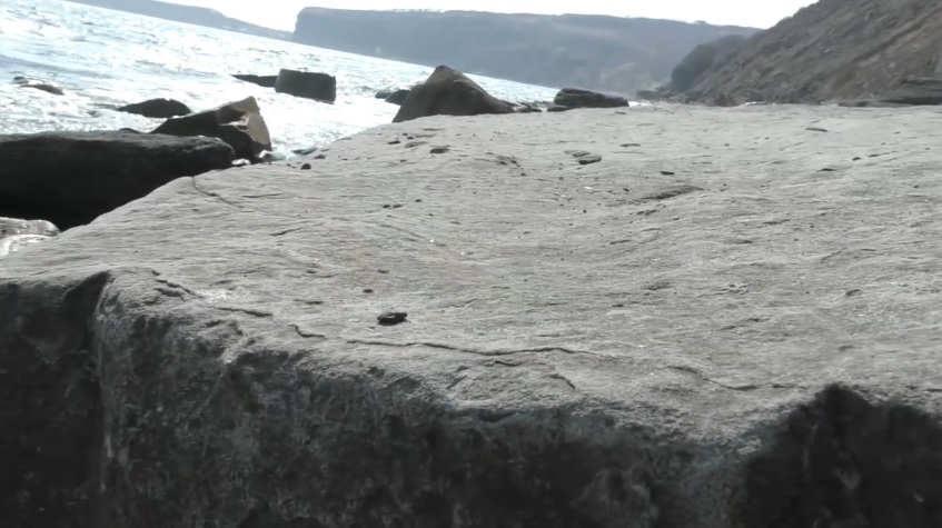 Необычная находка: Древняя каменная плита с металлическими вкраплениями на берегу острова Русский 
